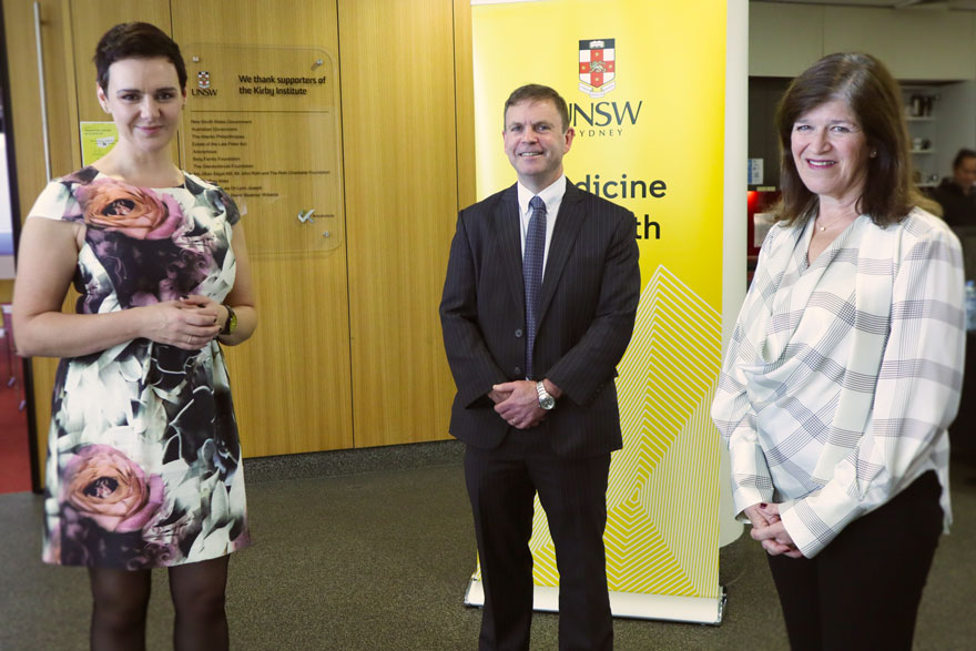 Tegan Taylor (ABC's Coronacast), Professor Anthony Kelleher (Director of the Kirby Institute) and Mrs Dorrie Cooper (wife of the late Professor David Cooper)