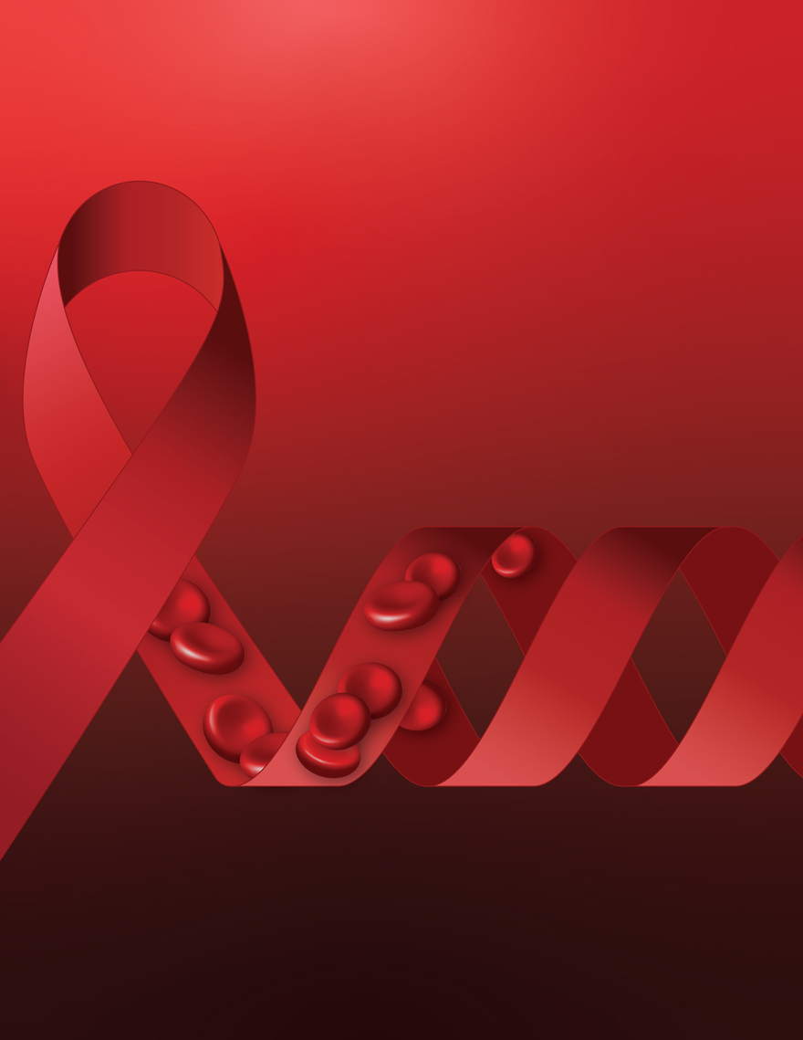Abstract image that merges the three main themes of the study which is 1) HIV (HIV ribbon-left), 2) haematopoiesis (blood cells - middle) and 3) genetic mutations (DNA - right)