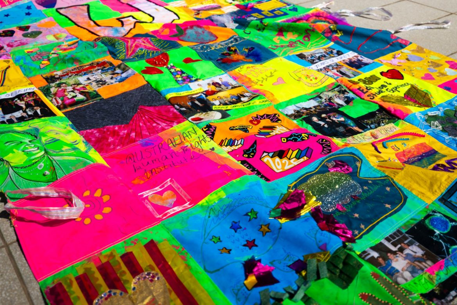 Close up of the UNSW Mardi Gras quilt. Credit: UNSW Sydney