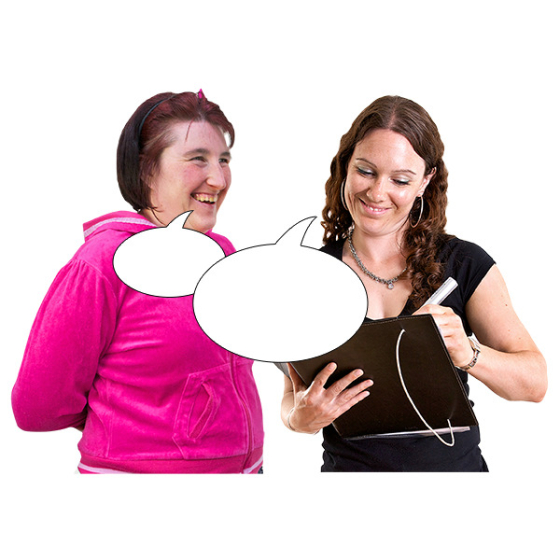 One woman talking to another who is taking down notes on clipboard. Speech bubbles are placed over both women. Credit: Photosymbols