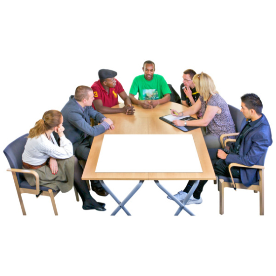 Group of diverse people with learning disabilities, talking around a table that has a large white sheet of paper. Credit: Photosymbols