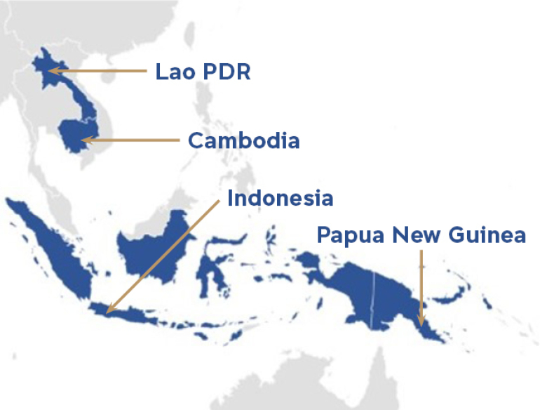 Map highlighting Lao PDR. Cambodia, Indonesia and Papua New Guinea.