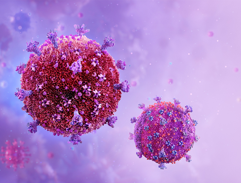 HIV virus cells. Scientifically accurate human immunodeficiency virus (HIV) close-up view. Acquired immunodeficiency syndrome AIDS 3D medical illustration. HIV viral particles with membrane, proteins