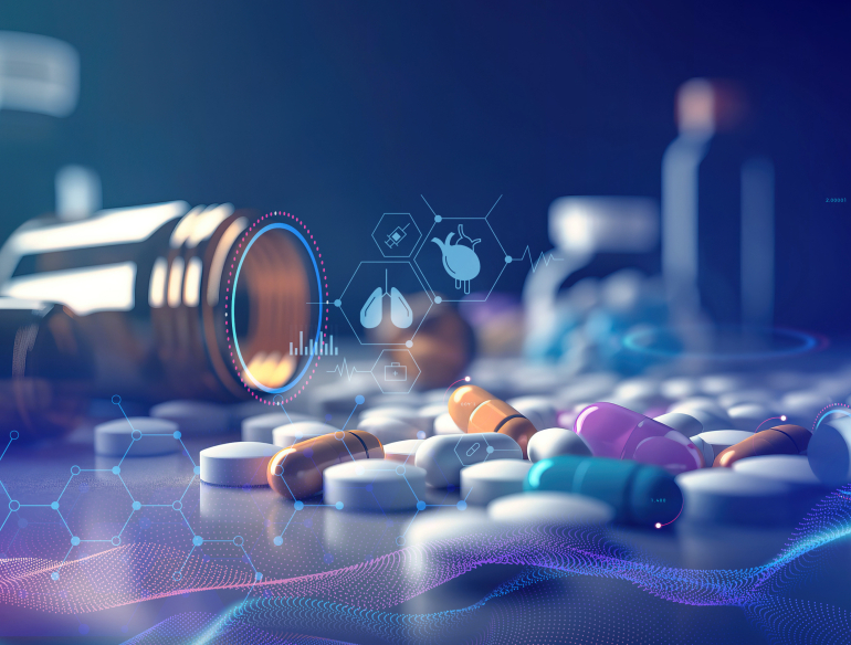 Bottles, pills and medications on a table with medical research concepts and symbols overlay. Credit: AdobeStock.