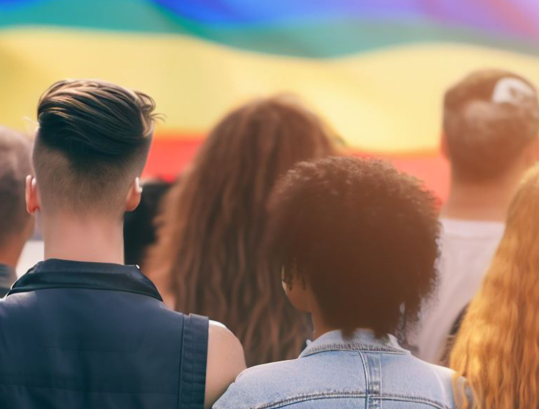 Group of diverse LGBTQ crowd from behind, in front of a rainbow flag.