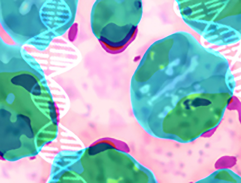 Abstract image of blue-green cells on a pink background, with DNA spirals overlaid.