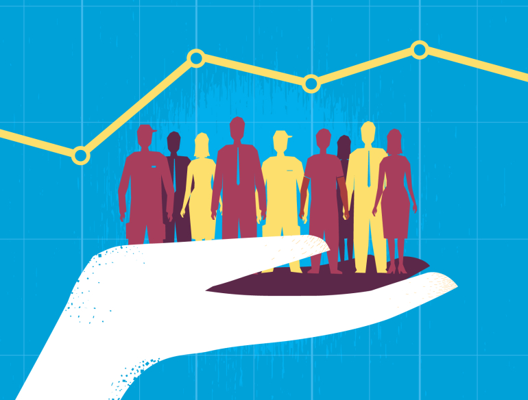 Illustration of a hand holding a group of people, in front of a line graph. Credit: AdobeStock