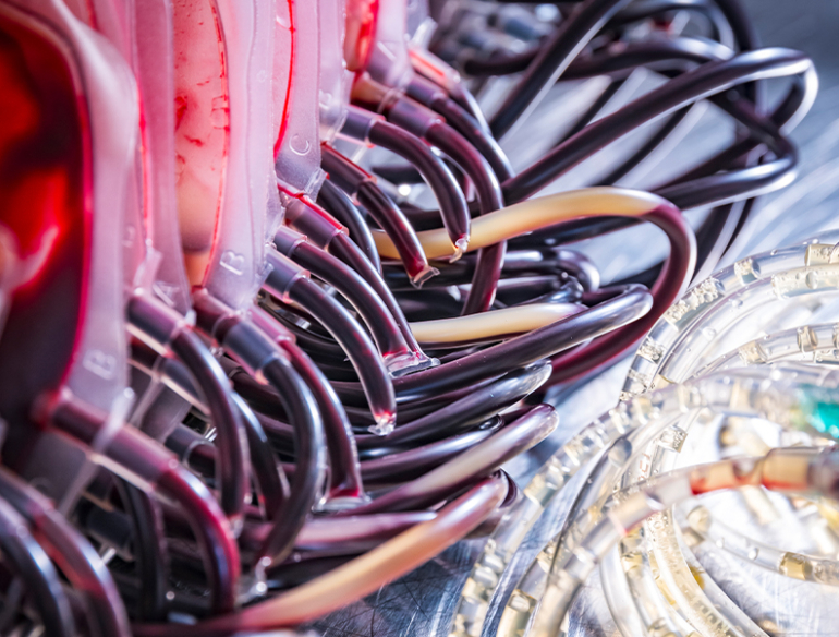 Close up of medical blood bags in manufacturing plant