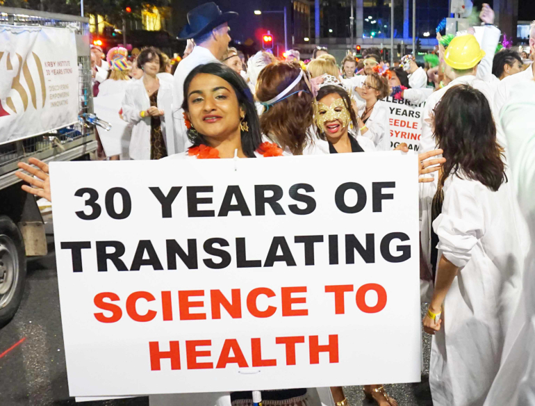 Mardi Gras 30 years of translating science to health sign.