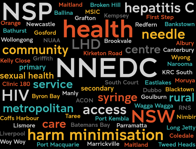 multicoloured health related words on black background Credit: Sue Heard, Kirby Institute UNSW Sydney