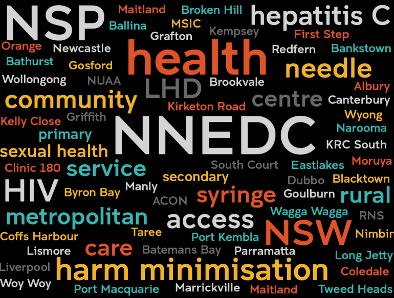 multicoloured health related words on black background Credit: Sue Heard, Kirby Institute UNSW Sydney