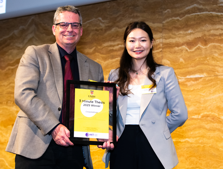 Professor Jonathan Morris, UNSW’s Pro Vice-Chancellor, Research Training and Dean of Graduate Research with Tiana Wang, winner of UNSW's 3MT in 2025.