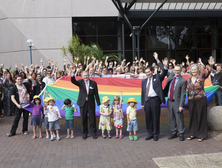 UNSW flag raising event 2020 with Michael Kirby and Ian Jacobs. 