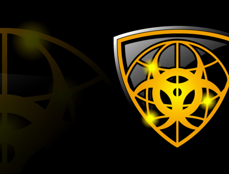Yellow biosecurity symbol on black background.
