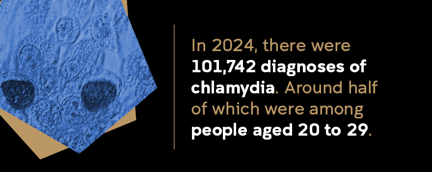 Image of chlamydia cell with text: In 2024, there were 101,742 diagnoses of chlamydia. Around half of which were among people aged 20 to 29.