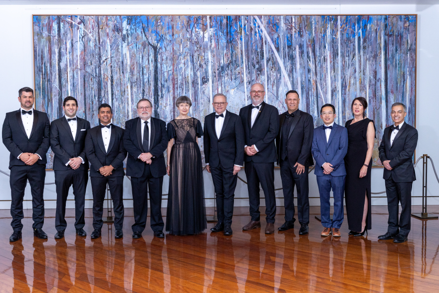 Prime Minster Anthony Albanese, Minister for Science Tim Ayres, and recipients of the 2025 Prime Minister's Prizes for Science.