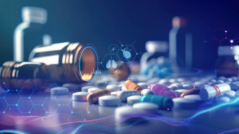 Bottles, pills and medications on a table with medical research concepts and symbols overlay. Credit: AdobeStock.