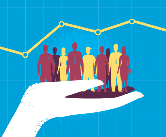 Illustration of a hand holding a group of people, in front of a line graph. Credit: AdobeStock