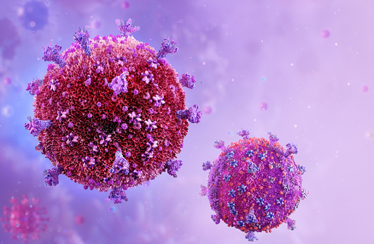 HIV virus cells. Scientifically accurate human immunodeficiency virus (HIV) close-up view. Acquired immunodeficiency syndrome AIDS 3D medical illustration. HIV viral particles with membrane, proteins