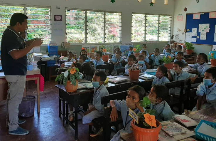 Children in classroom in Timor-Leste, as part of a mass drug administration program to control scabies, impetigo, and intestinal worm infections. Neglected tropical diseases.