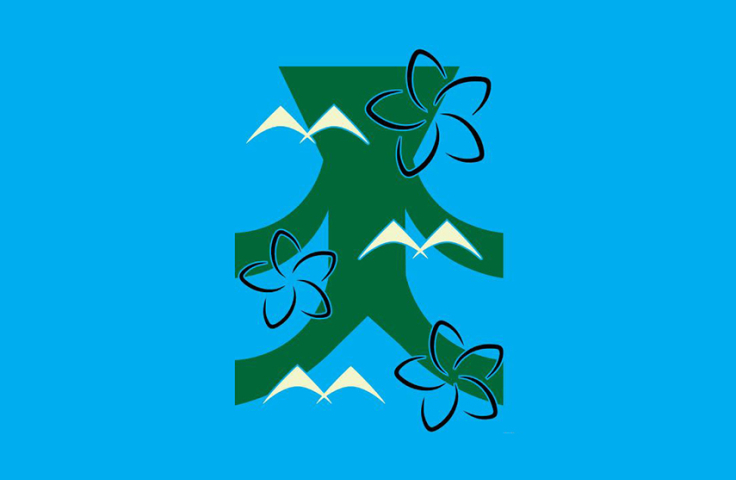 Green figure on blue background