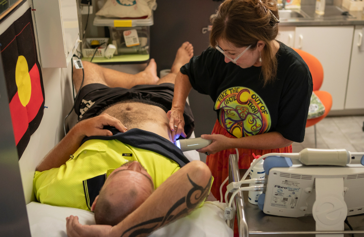 A FibroScan to assess liver fibrosis being performed on a patient in Cairns, Queensland as part of the ETHOS Engage Study. Credit: Conor Ashleigh.