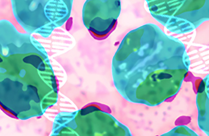 Abstract image of blue-green cells on a pink background, with DNA spirals overlaid.