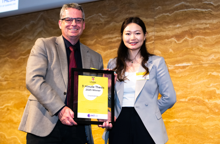 Professor Jonathan Morris, UNSW’s Pro Vice-Chancellor, Research Training and Dean of Graduate Research with Tiana Wang, winner of UNSW's 3MT in 2025.